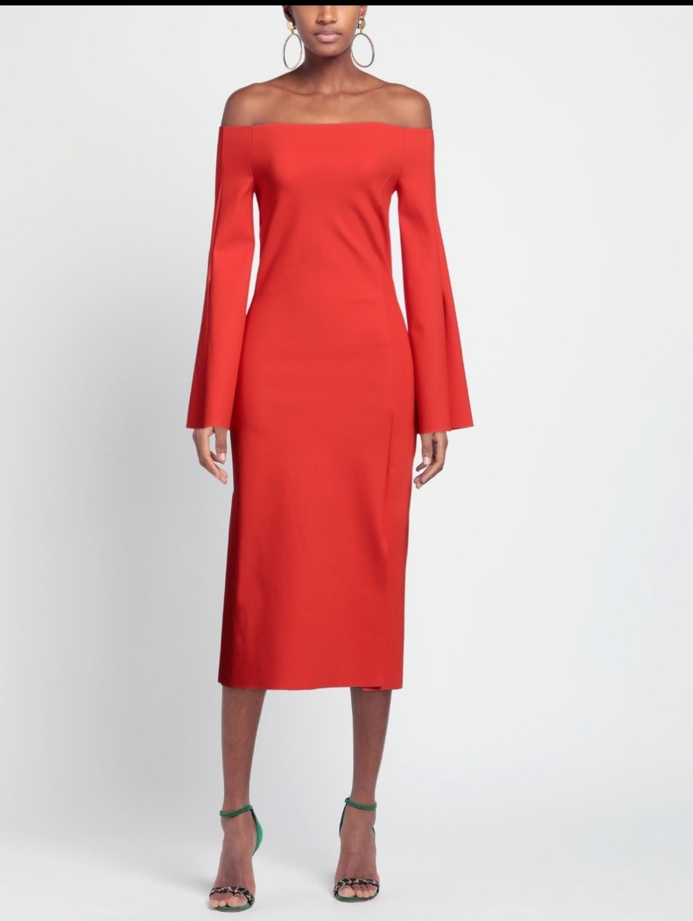 Chiara Boni Coral-Red Off-Shoulder Midi Dress Women's 6 Flared Sleeves